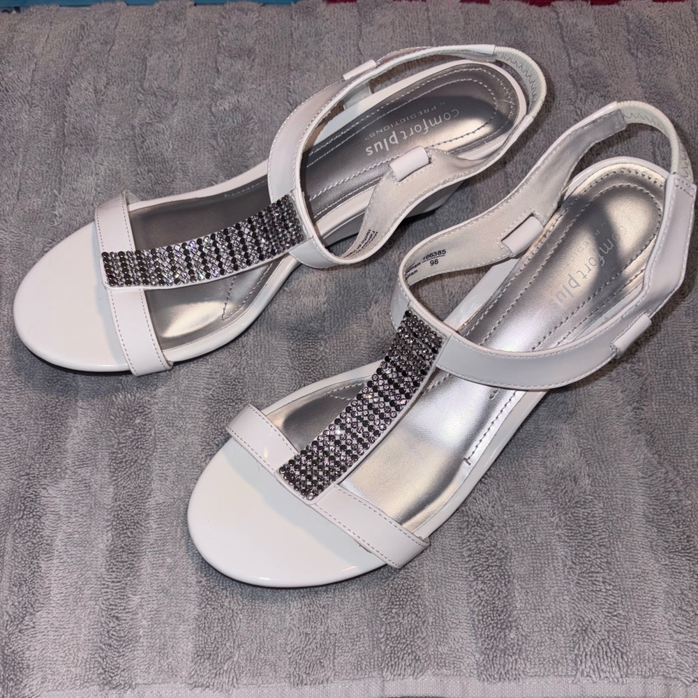 Predictions White and Silver Strappy Wedges